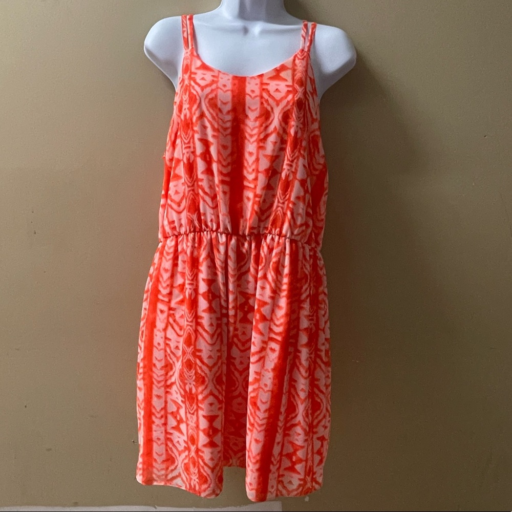 Sz Lg Neon Orange & White Dress w/ Cinched Waist